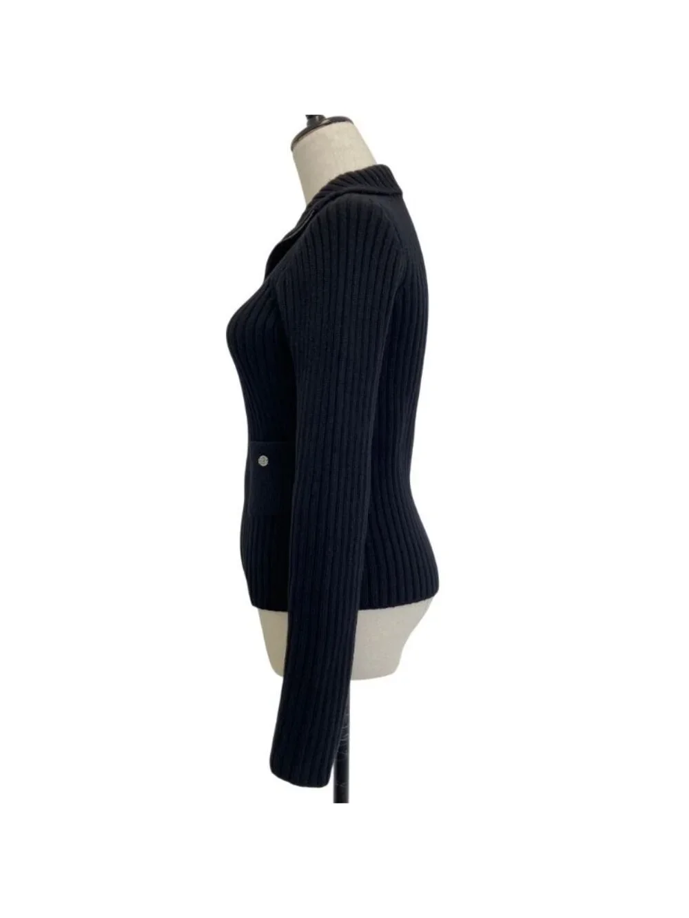 Chanel Cashmere 100% CC Logo Wide Rib Knit Zip Jacket 34 Black